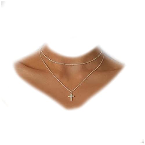Yheakne Boho Collier ras de cou croix en couches collier pendentif croix en argent collier chaîne satellite collier Vintage double couche collier chaîne bijoux pour femmes et filles cadeau (argent)