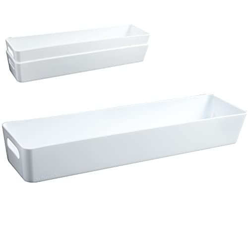 3x Ordnungsboxen - 6 cm hoch - WEIß - 40x10x6cm - 2 Liter - Ordnungskorb - Schubladenorganizer Schublade - Organizerbox - Ordnungssystem Kunststoff - Aufbewahrung Bad Korb Schrank Schreibtisch Kiste