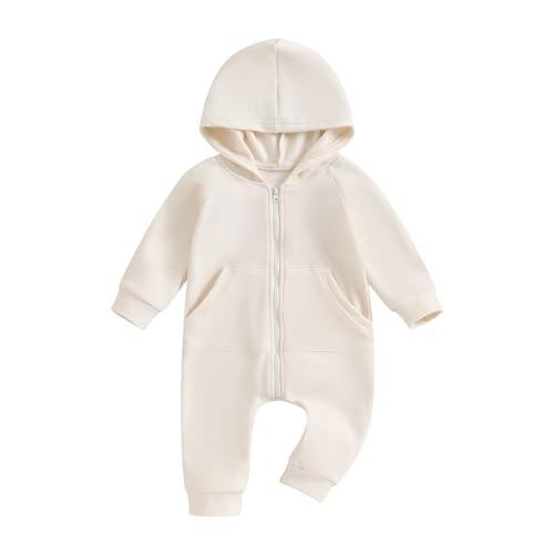 Image of Seyurigaoka Baby Boys Girls Jumpsuit Hoodie Romper Zipper Long Sleeve One Piece Outfits Warm Clothes for Unisex(Beige, 0-3 Months)