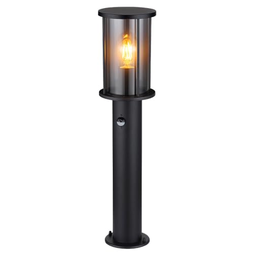 GLOBO Stehleuchte Wegeleuchte Gartenlampe Außenlampe Metall schwarz Glas rauch Bewegungsmelder Edelstahl, 1x E27, H 60 cm