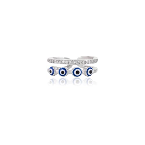 Image of American Diamond Evil Eye Open Ring for Women, Adjustable Blue Double Band Ring, Gift for Her