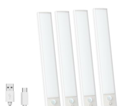 KALAHOL 4 Pack Under Cabinet Kitchen Lights, Motion Sensor Lights Indoor, Type-C, Charging Indicator, for Wardrobe, Cupboard, Stairs, Under Counter, Kitchen (20CM, Warm White)