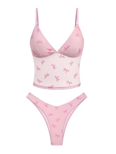Rosegalette Women's Sweet Light Pink Mesh Fabric Bowknot Print Plunging Neck High Leg 2026 Tankini Set,Light Pink,M — view 6