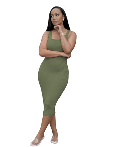 Image of TOPSRANI Women Sexy Midi Dress Bodycon Casual Sleeveless Basic Ruched Tank Summer Club Party Dresses