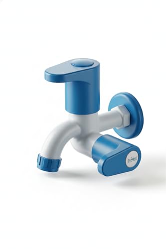 SANOVA PTMT 2 in 1 Bibcock 15 cm Dual Outlet Wall Mounted Plastic Water Tap with Tools for Bathroom and Utility Areas, Rust Free Leak Proof Bib Cock Faucet with Dual Flow Control, Blue Finish