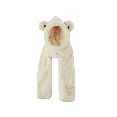 OHYOGA 3 in 1 Women Animal Hooded Scarf with Pockets Soft Winter Warm Plush Bear Hat Faux Fur Long Scarf Gloves Set SLH2T138 White