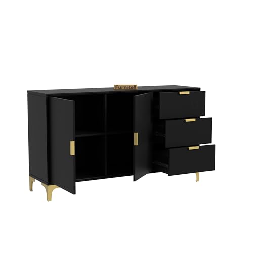 Image of Wooden Sideboard Cabinet for Living Room | Side Board Crockery Cabinet with 2 Doors & 3 Drawers Storage for Dining, Drawing and Home Office | HDMR Premium Wood & Iron, Forest Green