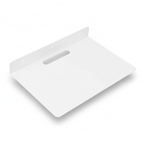 Image of OrganizeMee 30.5 x 21.5 x 4 cm Wall Mount Floating Shelf for Set Top Box, Metal L-Shaped Bracket with Cable Hole & 3 Screw Holes, (White)