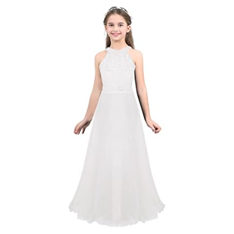 inlzdz Kids Junior Flower Girl Halter Neck Chiffon Wedding Bridesmaid Long Dress Princess Pageant Party Evening Prom Maxi Gown White 11-12 Years Cover