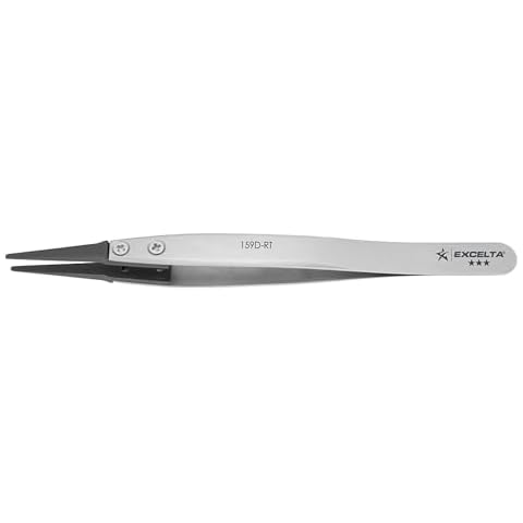 Excelta 5" Carbon Fiber Tip Tweezers, Replaceable .06" Wide Tips, Anti-Magnetic Stainless Steel, Professional Cover
