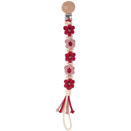 Image of Pacifier Clip for Boys Girls Floral Daisy Macrame Baby Paci Clip Pacifier Holder Leash Boho Wooden Clips Handmade Braided Cotton Binky Clips (1pack:Red Daisy)