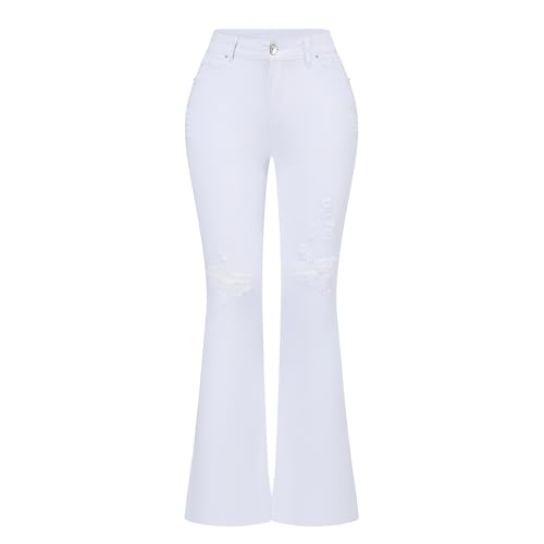 THUNDER STAR Womens Stretchy Mid Rise Flare Jeans Distressed Denim Bell Bottom Pants White US 12