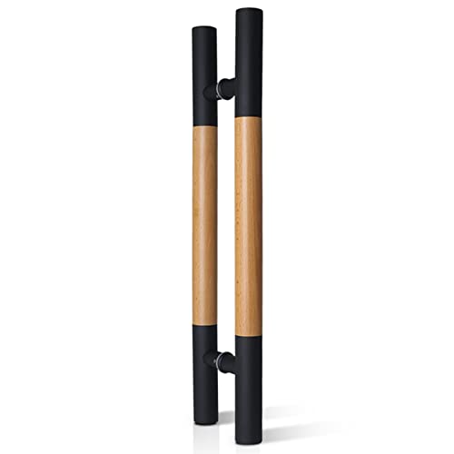 Poignée de porte grange en acier inoxydable noir et bois massif 40cm