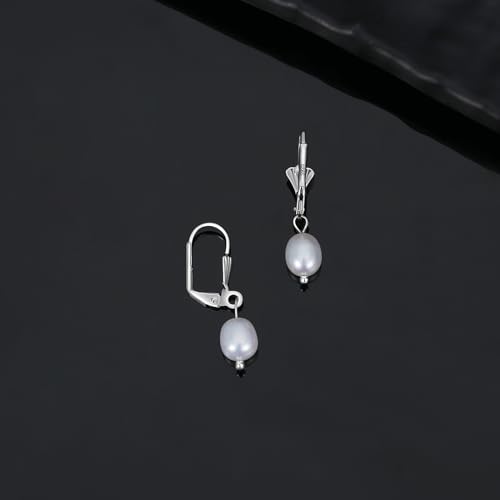 Handpicked AAA+ Freshwater Cultured Pearl Earrings for Women, Sterling Silver Pearl Leverback Drop Dangle Earrings for Mother Her (Silver, Freshwater) — view 6