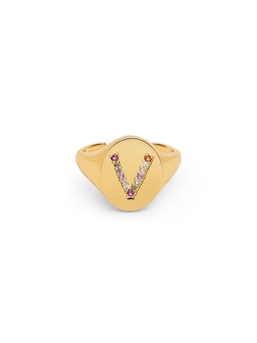 SINGULARU - Anillo Personalizado Signet Letter Colors. Ajustable. Latón con Acabado Baño de Oro de 18 Kt. Talla Unica. Joyas para Mujer. Letra V