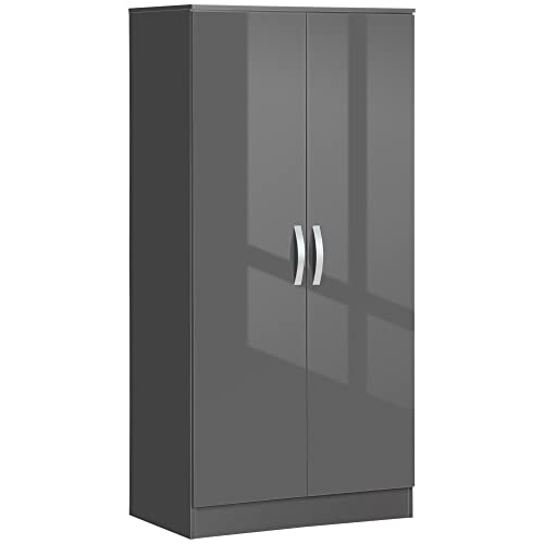 HOMCOM Guardaroba a 2 Ante in Pannelli di Truciolato con Asta inclusa, Design Lucido e Antiribaltamento, 76x47x160cm, Grigio