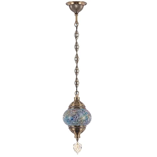 BOTOWI Lampada a Sospensione in Mosaico Turco Marocchino Lanterna in Vetro craquelé Fatto a Mano Lampada sospesa Vintage Boho per soffitto Decorazione per Soggiorno Camera da Letto,Blu