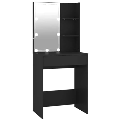 vidaXL Coiffeuse avec LED, Table de Maquillage avec Étagères et Tiroir, Table Cosmétique avec Rangement, Organisateur de Chambre, Moderne, Noir
