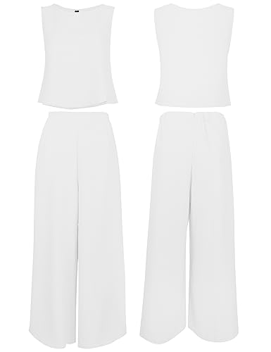 Roylamp Women's Summer Two Piece Outfits Round Neck Crop Basic Top Cropped Wide Leg Pants Set Jumpsuits White S #TOP4