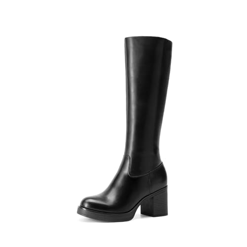 DREAM PAIRS Women's Knee High Boots Chunky Platform Heel Round Toe Boots for Women Side Zipper Stylish Comfortable Tall Boots,Size 8,Black,DWUMKB2516