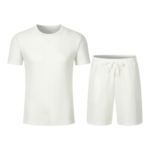 tibenqrt Conjunto de 2 piezas de ropa de verano para hombre, de manga corta, cuello redondo, textura a rayas, conjunto de camisa y pantalones cortos, trajes casuales lisos, transpirables, para