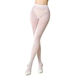 MANZI Women's Hollow Out Knitted Patterned Tights White Lace Fishnet Stockings Vertical Strips Pantyhose with High Waist (Fan,One Size)