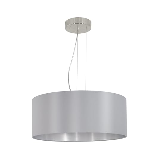 EGLO Pendellampe Maserlo, 3 flammige Textil Pendelleuchte, Hängeleuchte aus Stahl und Stoff, Farbe: Nickel matt, grau, silber, Fassung: E27, Ø: 53 cm