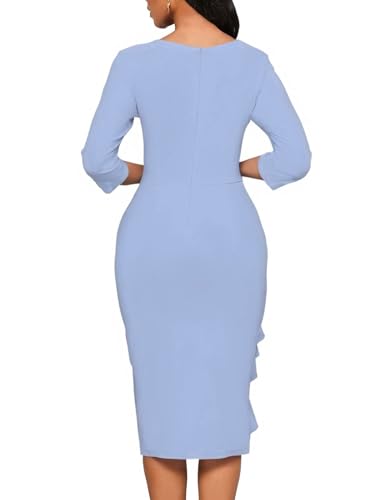 Image of Church Dresses for Women 3 /4 Sleeve Ruffle Vintage Bodycon Cocktail Work Midi Pencil Dress