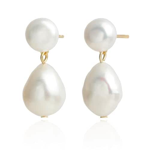 Handmade Freshwater Cultured White Baroque Pearl Dangling Drop Earrings for Women, 14K Gold Plated