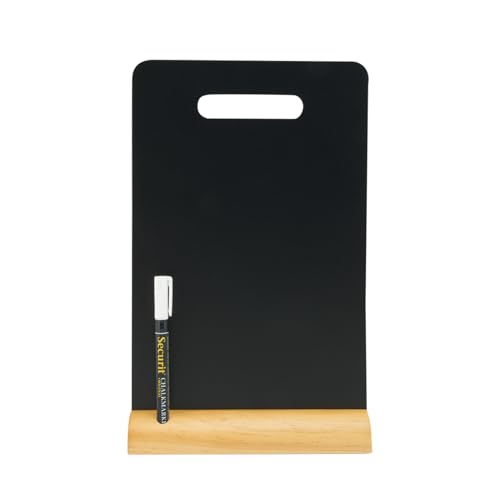 SECURIT - Pizarra de Mesa + Rotulador Blanco - Pizarra Portamenús Doble Cara con Asa - Base de Madera Lacada - Café, Bar, Restaurante - 33,5 x 21 x 6 cm - Color Natural/Negro
