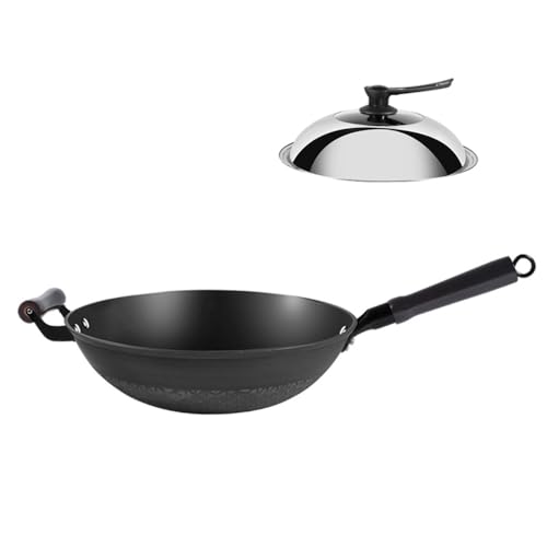 Wok de hierro fundido con tapa, 13.39"/14.17" acero al carbono pre-sazonado miniatura 1