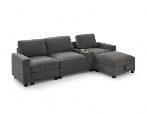 VANOMi 118.11" Convertible Sectional Sofa with Storage Ottoman, Comfy 3 Seater Chenille Fabric Couch with Charging Ports & Cup Holders, Modern L Shaped Couches for Living Room, Apartment (Gray)
