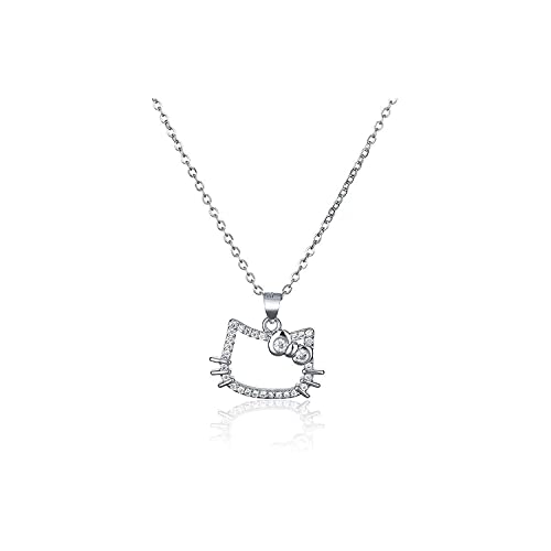 Image of Cat Kitty Necklace Cute Silver for Women Pendant Shiny Crystal Cartoon