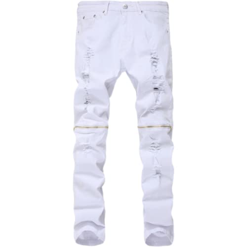 Jeans pour Hommes Zipper Jeans européens et américains Pantalons Blancs Multi-Zip à Haute élastique pour Hommes Printemps et Automne Confortables 38 Cover