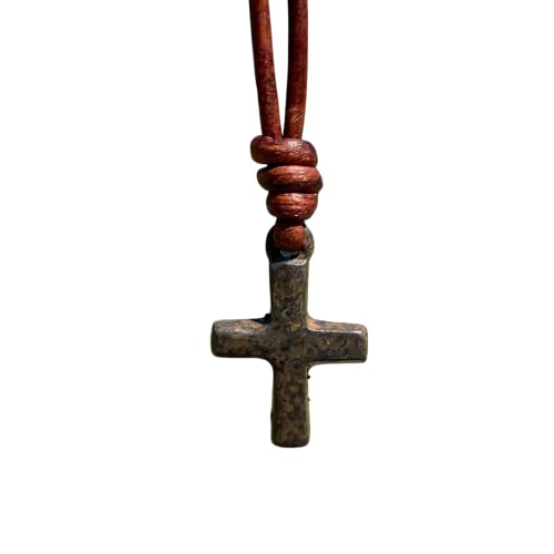 Small Hammered Cross Necklace - Religious Jewelry, Mens Faith, Catholic Women, Men Gifts, Protect Us, Father Christmas Gift, Best Friend (Rustic Brown, Antique Leather) #TOP15