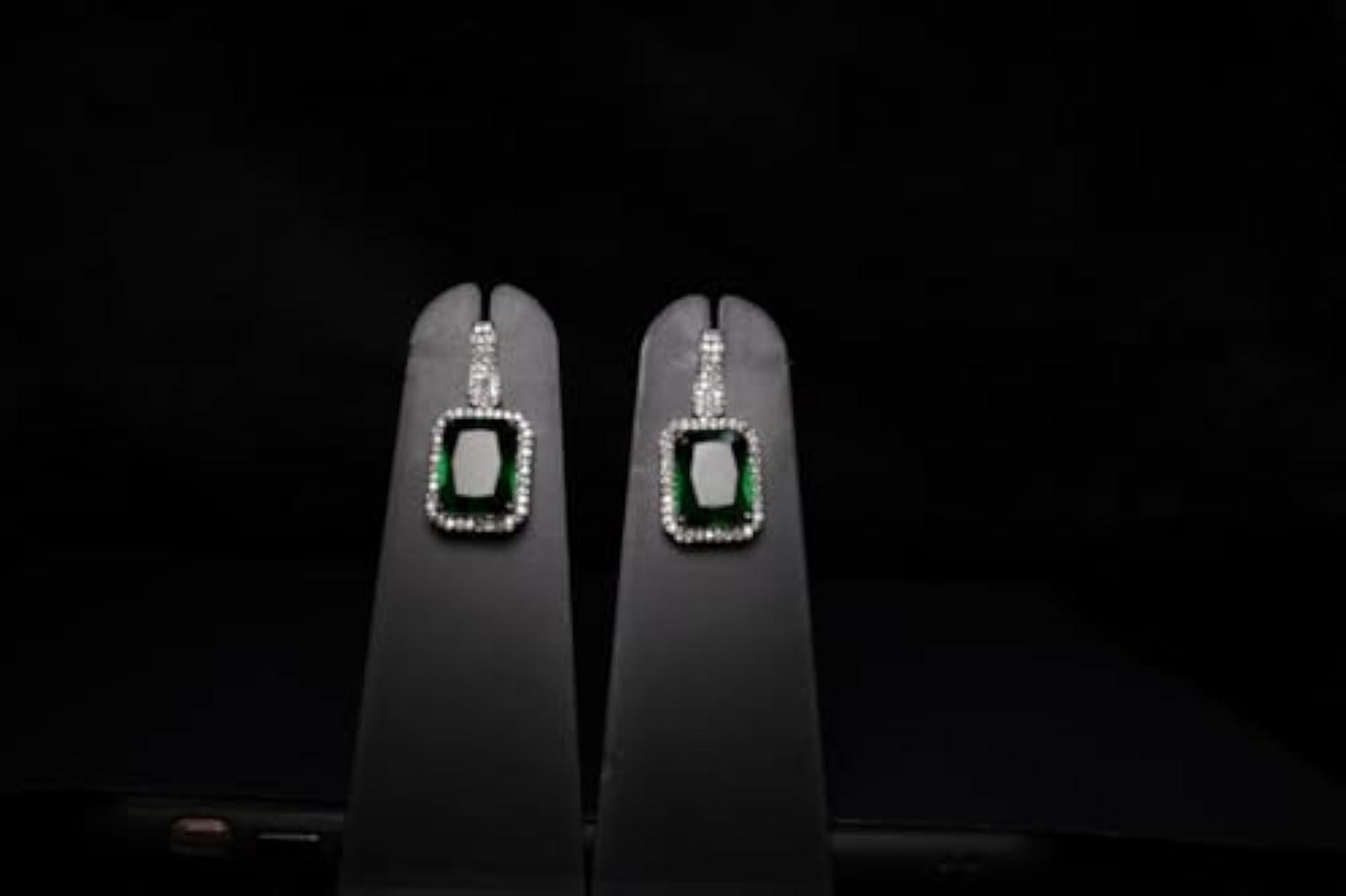 Women's Silver Plated Drop Earrings with Big Green Stone, Stylish