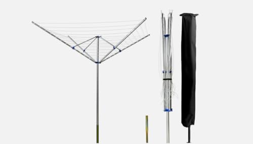 Monal Rotary 4 Arms Aluminium & Powder-Coated Washing Line – Heavy Duty Outdoor Folding Clothes Airer Garden Laundry Drying Rack PVC Coated Line With Ground Spike & Cover (50M Aluminium Airer)