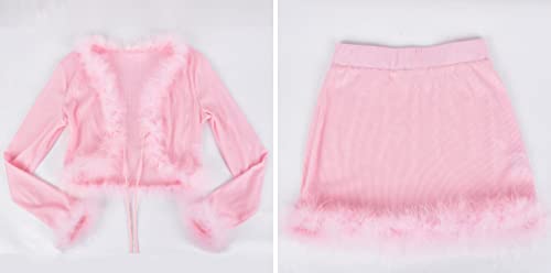 Image of Women Sexy 2 Piece Outfits Rave Tie-up Feather Trim Fur Long Sleeve Cardigan Deep V Blouse
