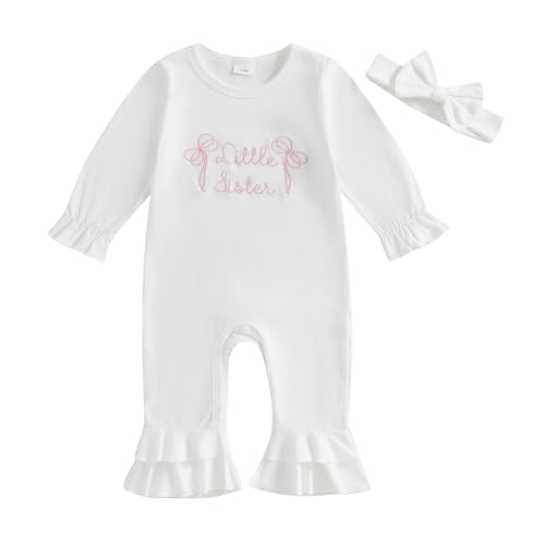 Image of KKCVMOMOQ Newborn Baby Girl Clothes Long Sleeve Little Sister Embroidery Onesie Romper Summer Hospital Coming Home Outfit (A-White, Newborn)