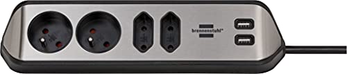 Brennenstuhl® Estilo - Regleta con 4 enchufes (Base de acero inoxidable para cocina y oficina, con función de carga USB) color plateado y negro