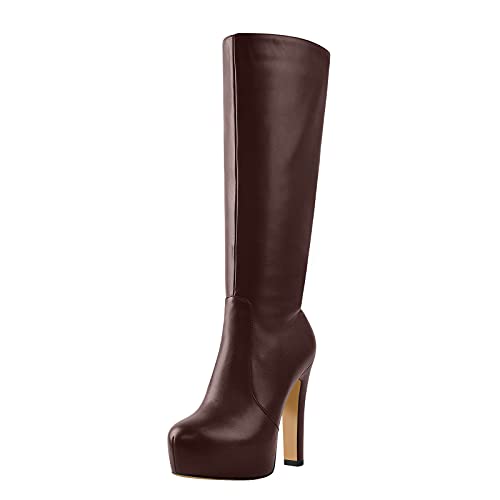 Image of richealnini Women's Low Platform Block High Heel Knee High Boots with Zipper