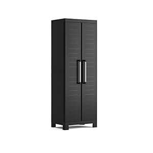 Keter 9636100002202 kledingkast met 3 verstelbare planken, gemaakt van Detroithars, bezemhouder, zwart, 65 x 45 x 182 H
