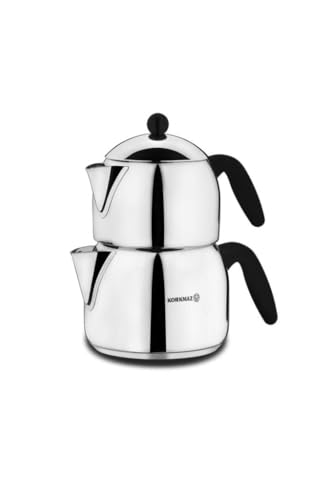 Korkmaz A038 Orbit Turkish Teapot Set for Stovetop, 18/10 Stainless Steel Double Teapot Set with Bakelite Handles, Samovar Style Tea Kettle with 40.6Oz (1200ml) & 67.7 Oz (2000ml)