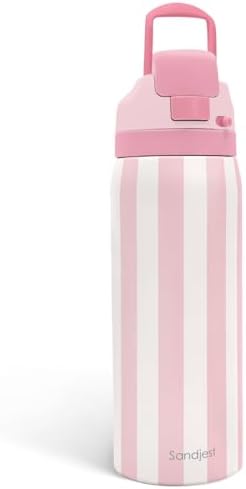 Stripe Insulated Stainless Steel Water Bottle with Straw, Push-Button Lid, 32 Ounce, Gifts for Women Girls Friends Teens Birthday Christmas (Pink)