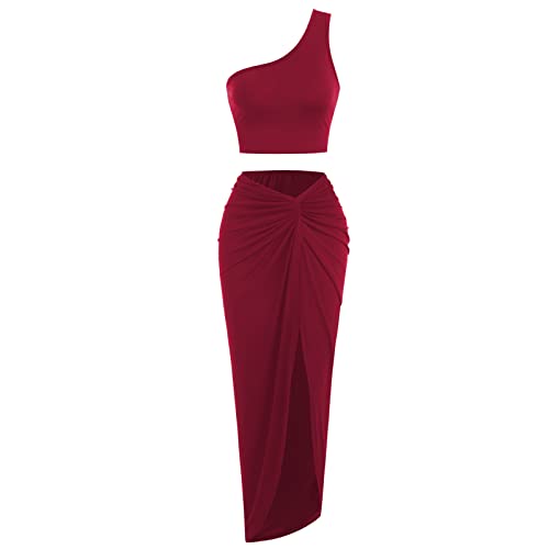Image of ZAFUL Women's Casual Sleeveless Summer Two Piece Outfits Crop Top and Side Split Draped Ruched Maxi Skirt Set Solid Suiting