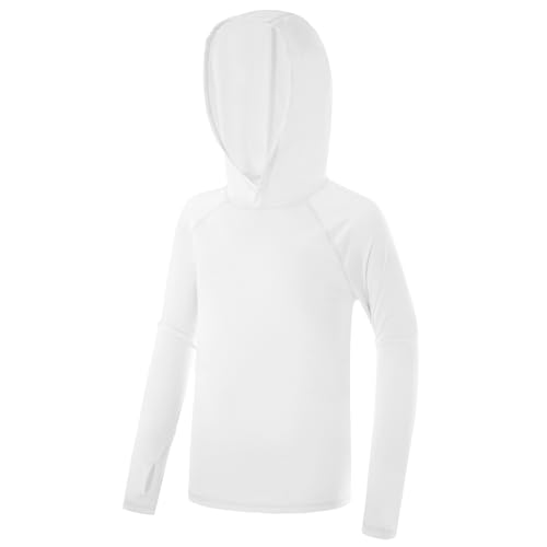 Poekuao Boys Rash Guard Hoodie UPF 50+ Sun Protection Long Sleeve Swim Shirt Quick Dry Kids SPF Surfing Fishing Water Beach Shirts White M