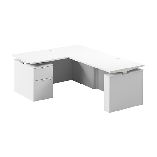 Image of Bush Business Furniture 60-inch Height Adjustable L Shaped Standing Desk with File Cabinet, Ergonomic Sit-Stand Computer Table for Office, Stratus Collection, White with White Base