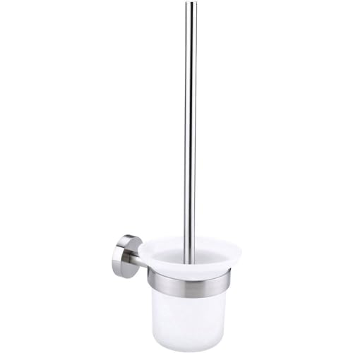 tesa Moon Toilet Brush Set - No Drill Toilet Brush with Frosted Glass Container - Includes Removable Glue Solution