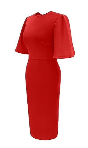 Image of Memoriesea Women's Basic Bodycon Ruffle Flared Short Sleeve Pencil Midi Dress
