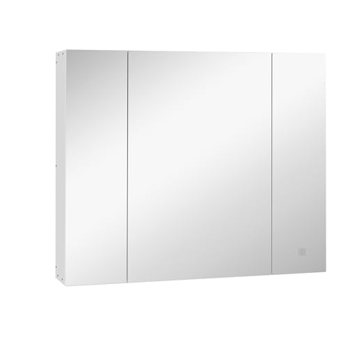 HOMCOM Armario de Baño con Espejo y Luces LED Armario con Espejo para Baño con Estantes Ajustables y USB Mueble para Baño Estilo Moderno 90x15x75 cm Blanco